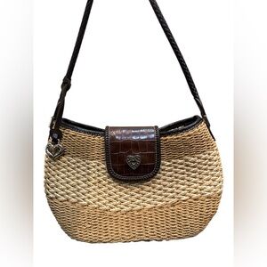 Brighton Woven Tan Straw Brown Croc Embossed‎ Leather Small Bag Tote Satchel